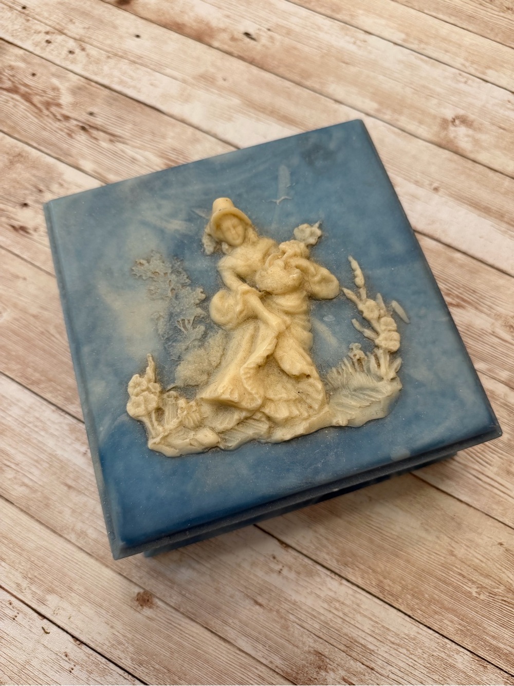 Vintage Avondale Crushed Glass Jewelry Box Blue Cameo Raised Relief 6x6